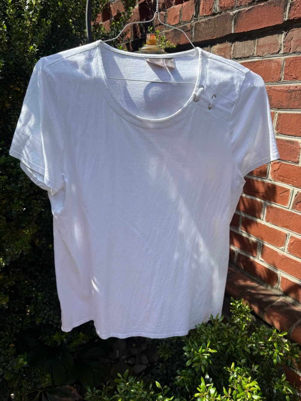 Chico's White Short Sleeve Tee with Shoulder Eyelet Detail